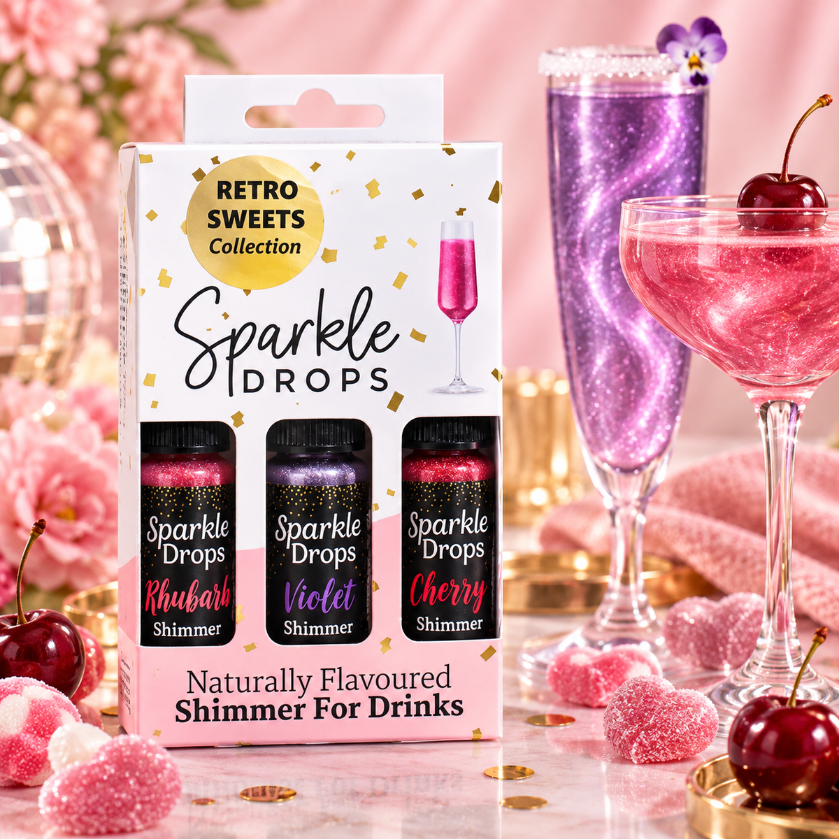 RETRO SWEETS Syrups for Drinks, Prosecco, Sparkling Wine, Gin, Vodka, Cocktails, 3 flavours